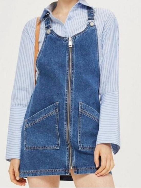 Topshop Dresses & Skirts - Top Shop Denim Zip-Front Pinafore Mini Dress in Medium Blue Size 10L